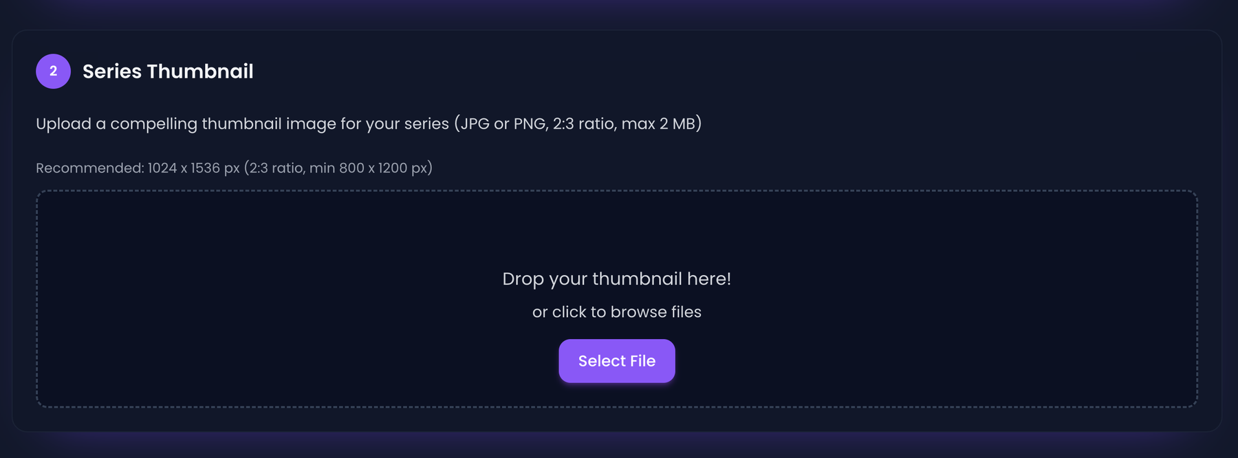 The Series Thumbnail upload area with drag-and-drop and a Select File button.