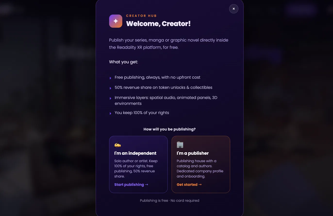 The Creator Hub account-type chooser: I'm an independent versus I'm a publisher.