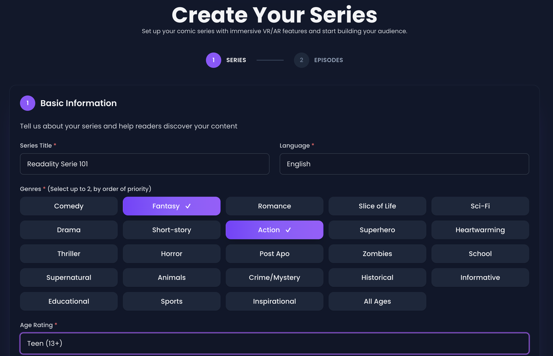 The Create Your Series Basic Information form: title, language, genres, and age rating.